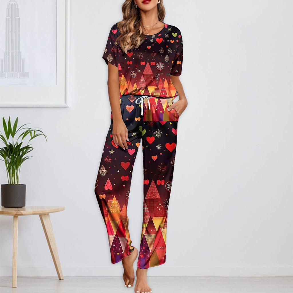 Женский шелковый атласный пижамный комплект с рождественским принтом, рубашка с коротким рукавом и длинные пижамные штаны, мягкая домашняя одежда