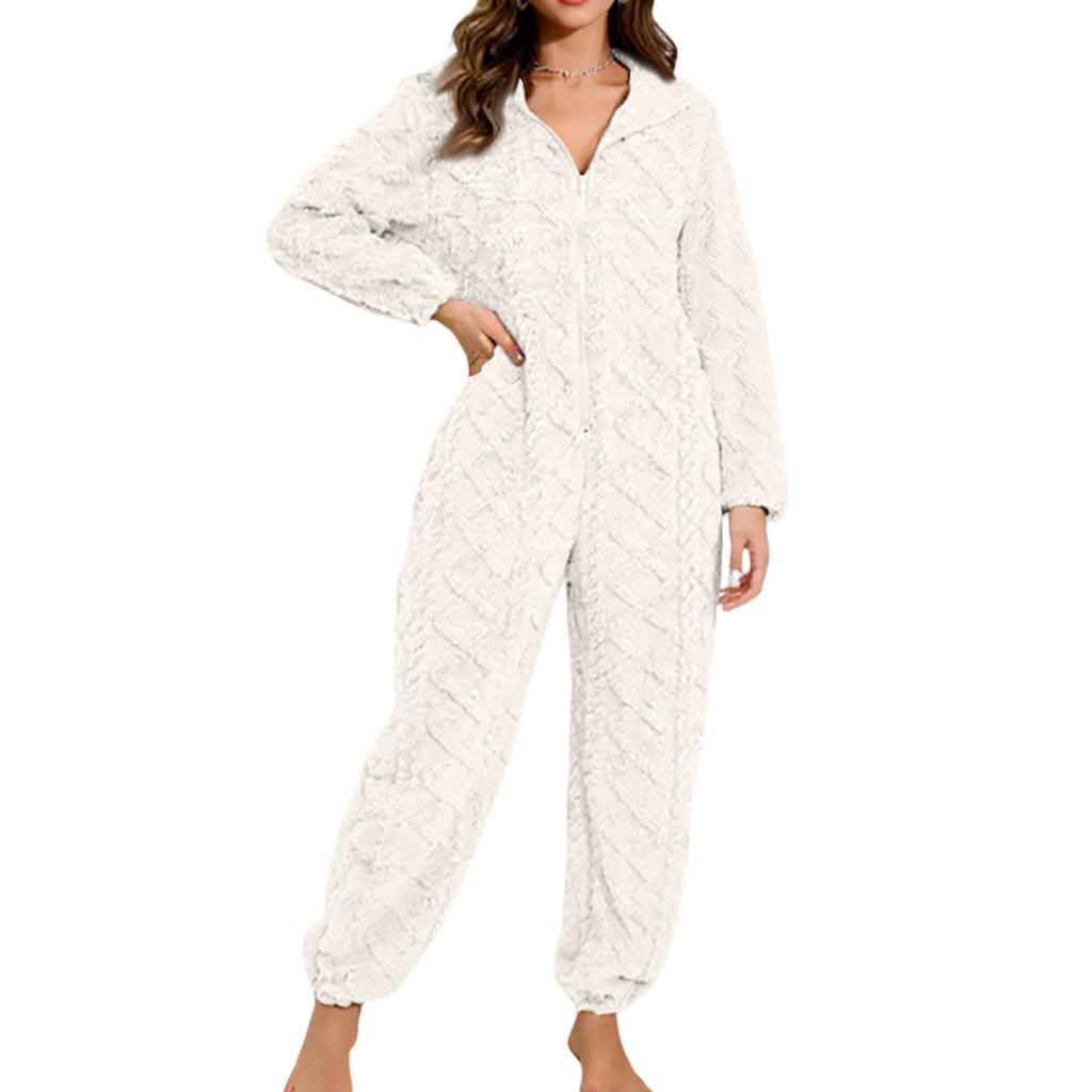 Женская мода Однотонная плюшевая домашняя одежда Повседневный комбинезон с капюшоном на молнии и длинными рукавами Пижама