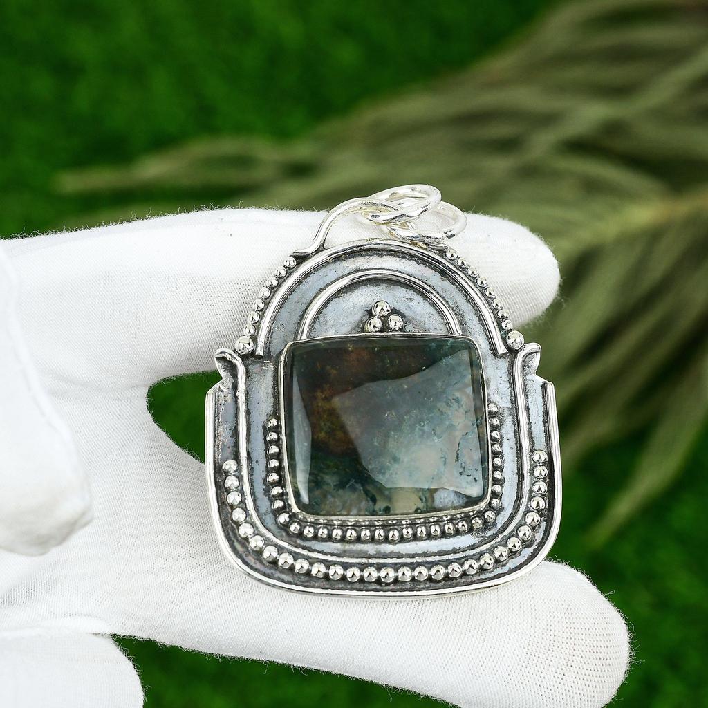 Предложение ко Дню дружбы Серебро 925 пробы Квадратный камень Солярный моховой агат Новый кулон Ювелирное изделие