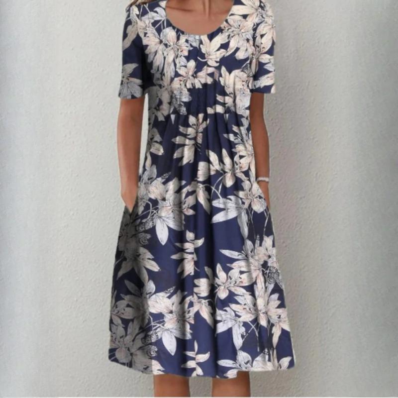 Женская мода лето весна однотонный принт с коротким рукавом и круглым вырезом с высокой талией повседневные платья