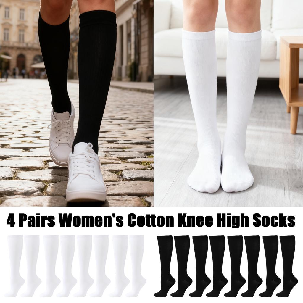 4 Pairs Women's Cotton Knee High Socks, Casual Solid Knit Knee Socks (black)