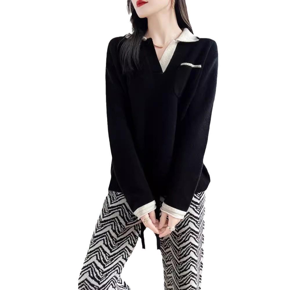 Women's Loose Wool V-Neck Color Block Pullover Sweater - Autumn/Winter Warm Lazy Style