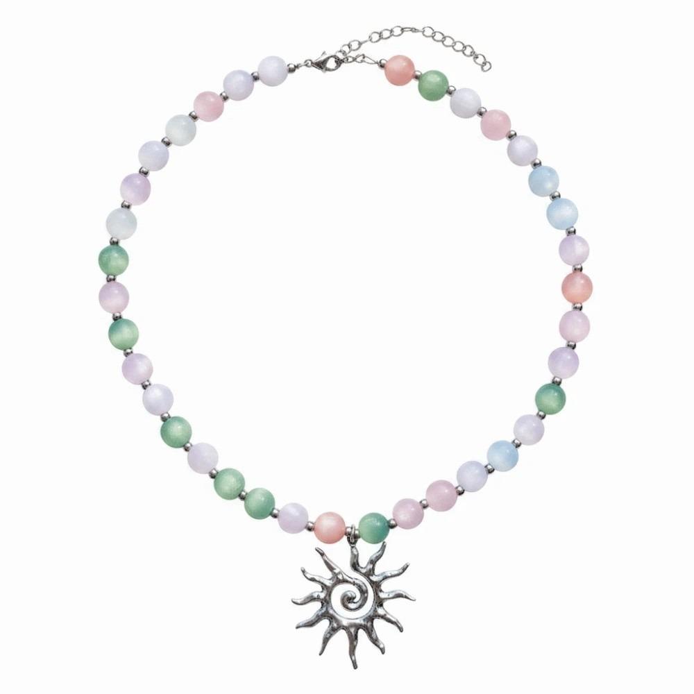 Color Changing Sun Pendant Necklace UV Reactive Gold Plated Beaded Bracelet Set Steel Chain Pastel Colors Cat Eye Choker