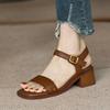 Fashion Women Sandals Summer Real Soft Leather Thick Heel Vintage Brown Sandals Women Cross One Line Strap High Heels Mary Jane Shoes