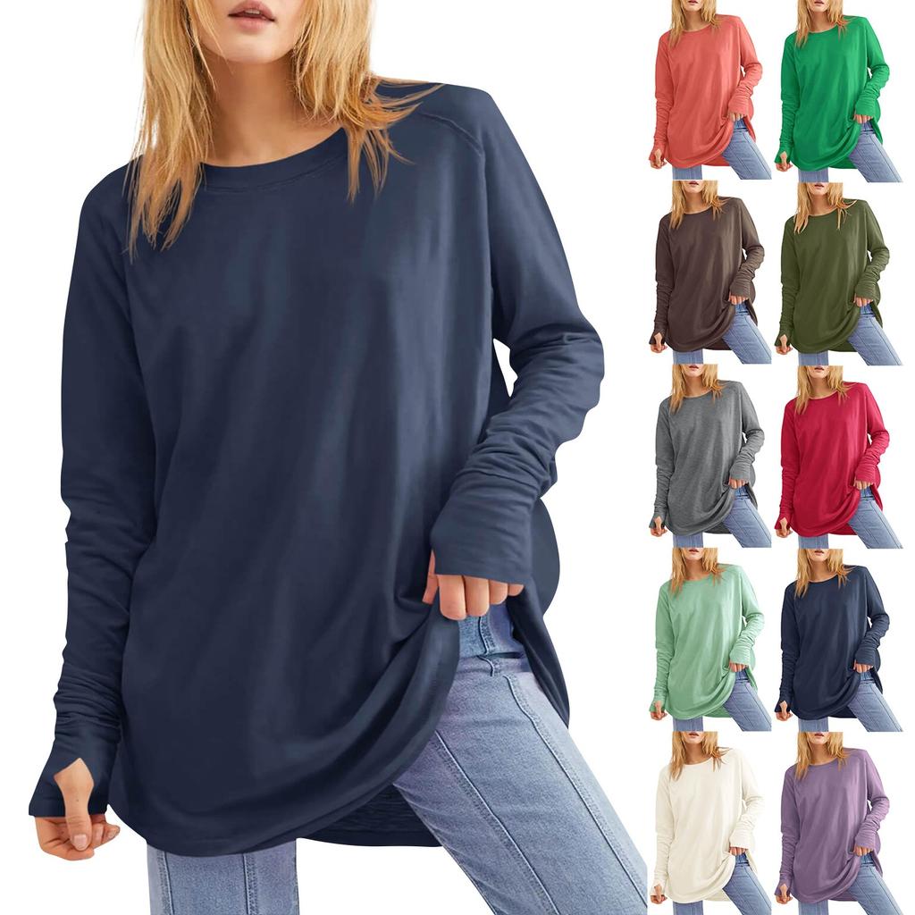 Женская однотонная свободная футболка с круглым вырезом и длинными рукавами средней длины, топ с дырявым большим пальцем