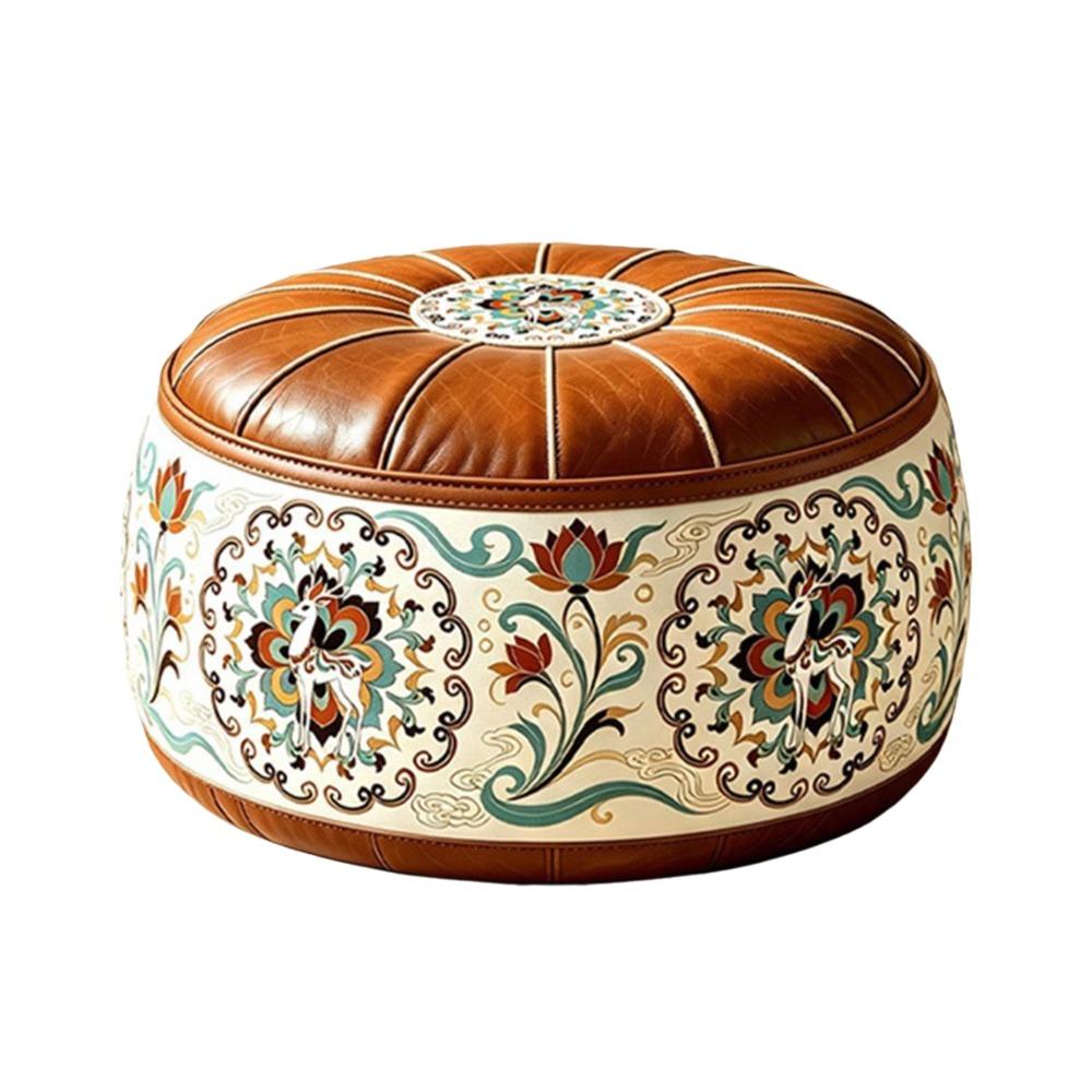 PU Leather Ottoman Pouf Boho Pattern Storage Ottoman Portable Footstool Cover Living Room