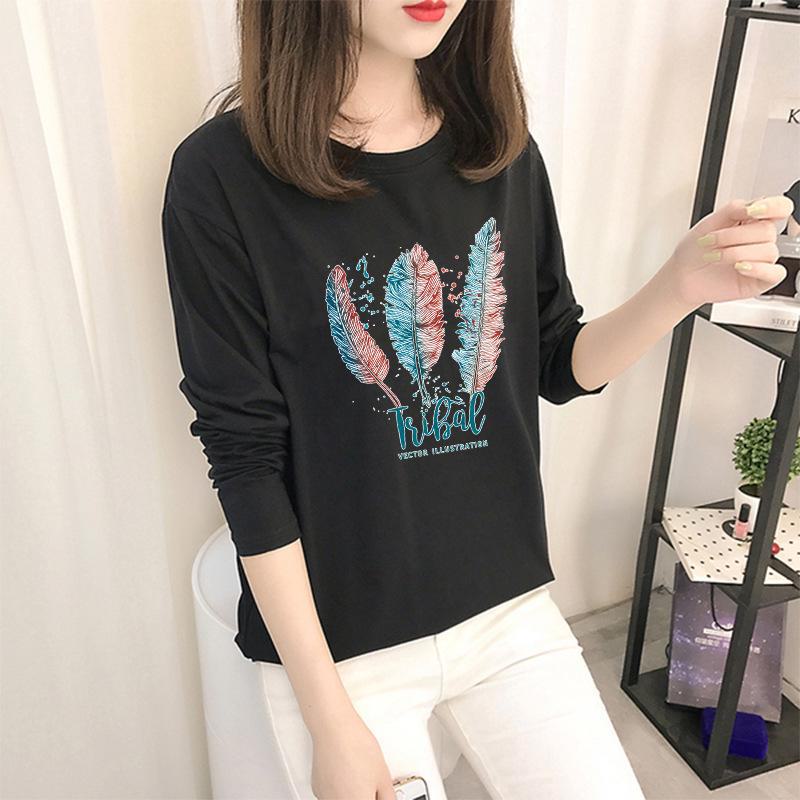 Осень 2023 г. Корейские топы с рисунком - женские футболки с длинными рукавами в однотонных цветах