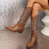 Мода Винтаж Вышивка Женщины Вестерн ковбойские сапоги Модные Slip On Длинные Ботильоны Дизайнер Толстый Каблук Туфли Botas Mujer