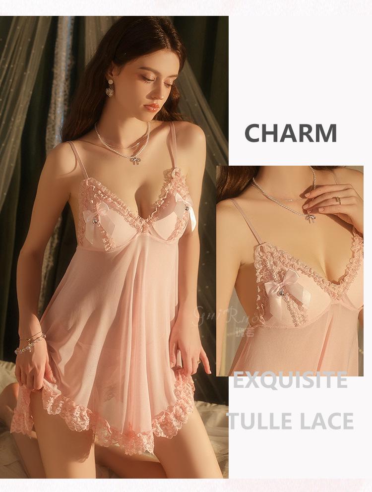 Кружевное платье-комплект Rose Desire с глубоким V-образным вырезом для полных, с бантом и съемными вставками в бюстгальтер (P5768)