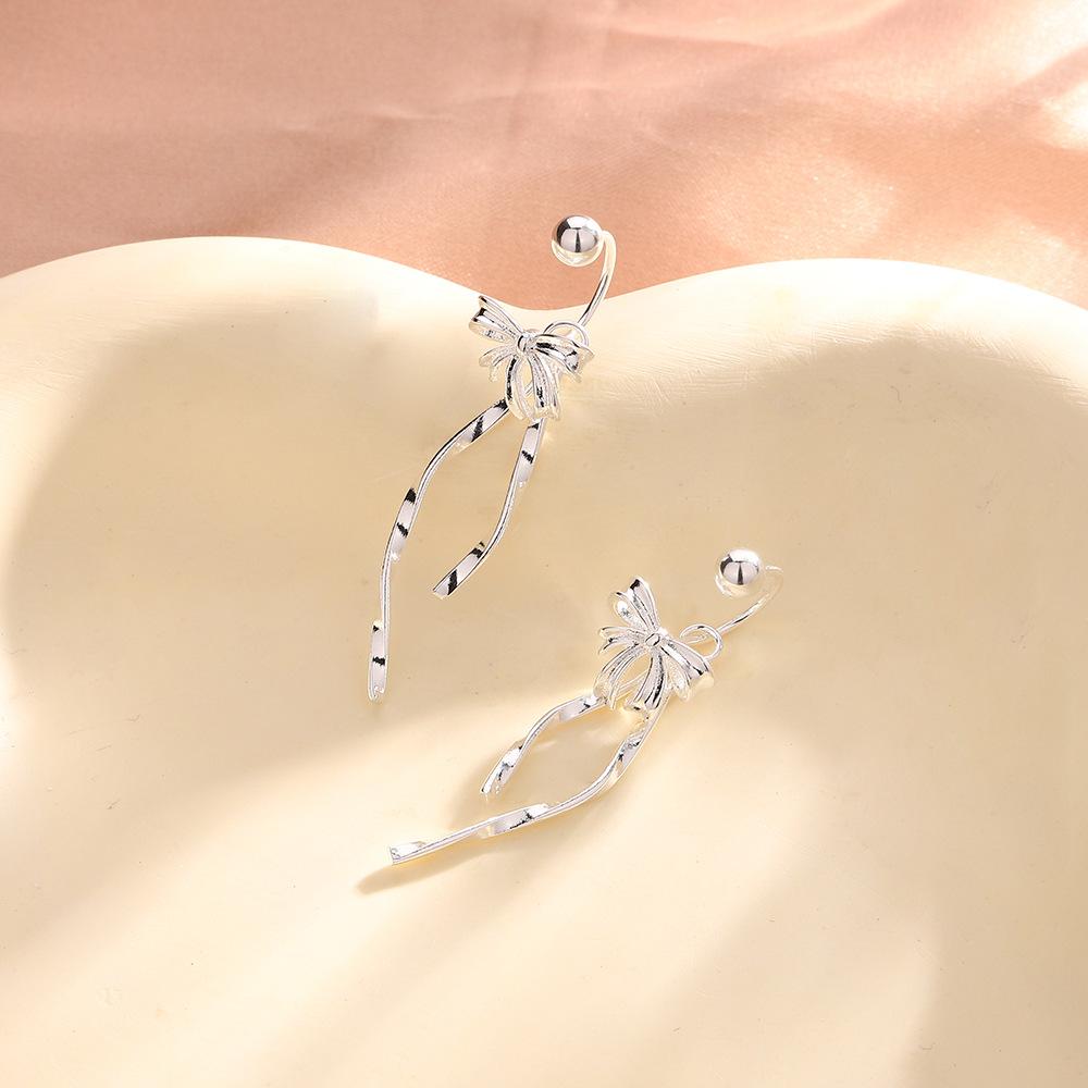 Ribbon Bow Earrings Delicate Girly Internet Celebrity Tassel Screw Earrings First Love Complex Long Ribbon Earrings