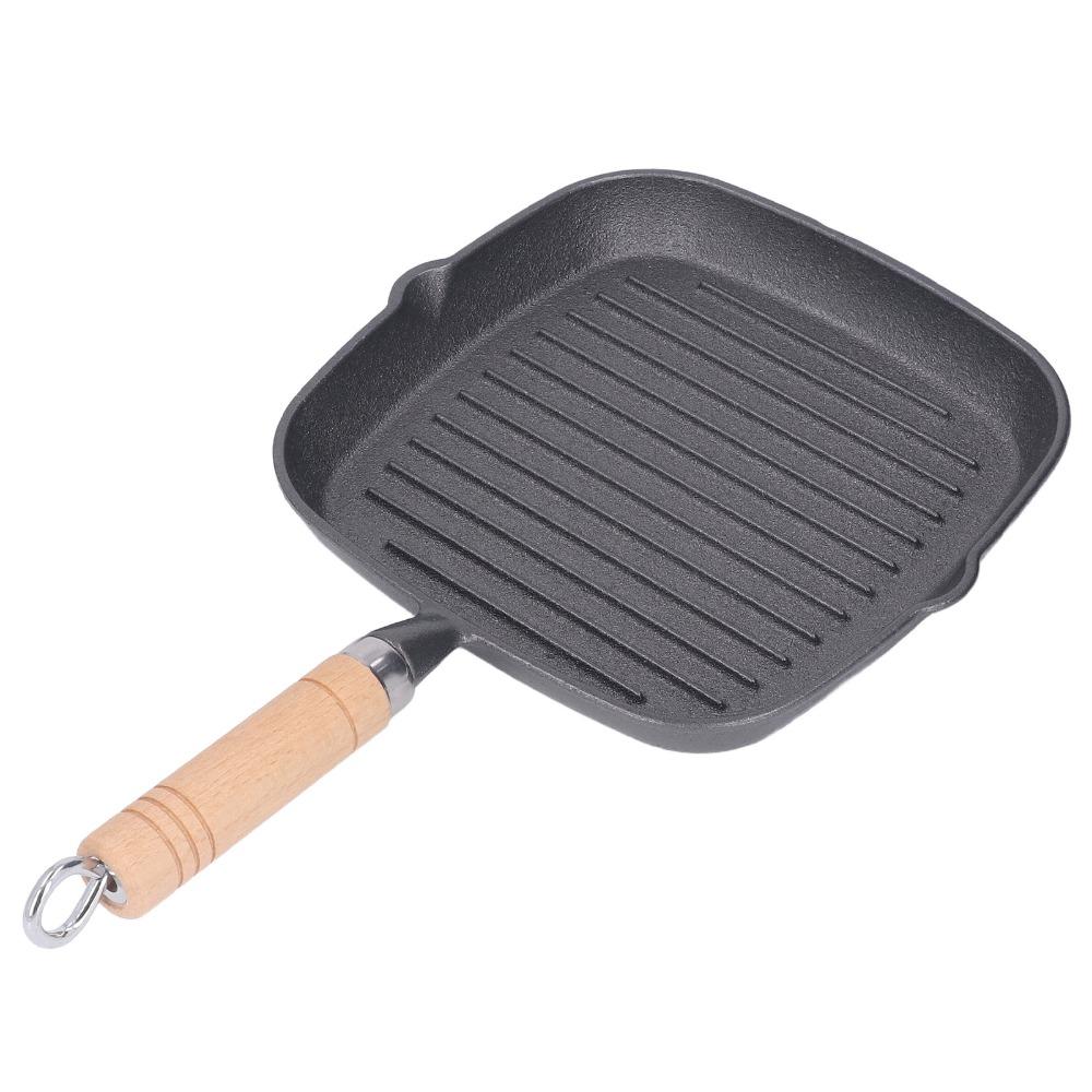 Cast Iron Steak Pan Wooden Handle Steak Griddle Kitchen Cookware Grill Pan Indoor & Outdoor
