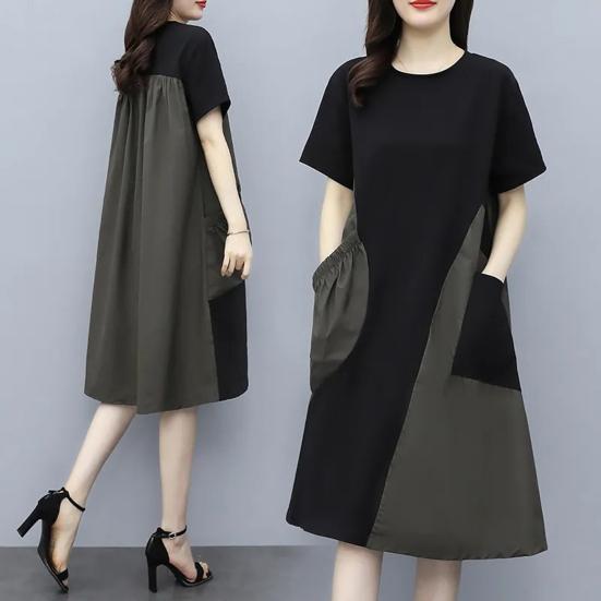 Женское платье миди с круглым вырезом и коротким рукавом, свободное летнее платье с карманами, цвет пэчворк, легкое повседневное платье