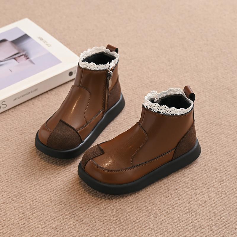 Kids Princess Boots with Sweet Lace Girls Short Leather Boots Non-slip Children Ankle Boots Elegant 2024 Autumn Winter New