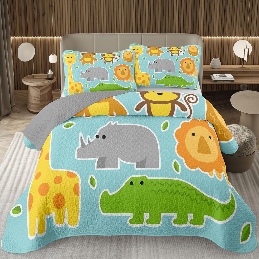 Funny Cartoon Animal Bedspread Queen/Full Kawaii Elephant Panda Coverlet Reversible Grey Quilted Bedding Set For Kids Teen Room