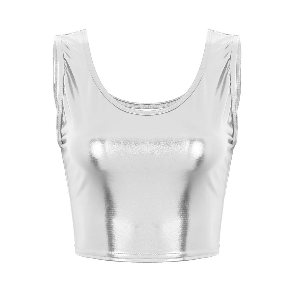 Women's Shiny Metallic Sleeveless Crop Top Rave Party Dance Tee Shirt Blouse Vest Clubwear