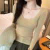 Pink Thin Autumn and Winter New U-neck Design Niche Bottoming Shirt Wooden Ear Side Long Sleeve T-Shirt Top for Women