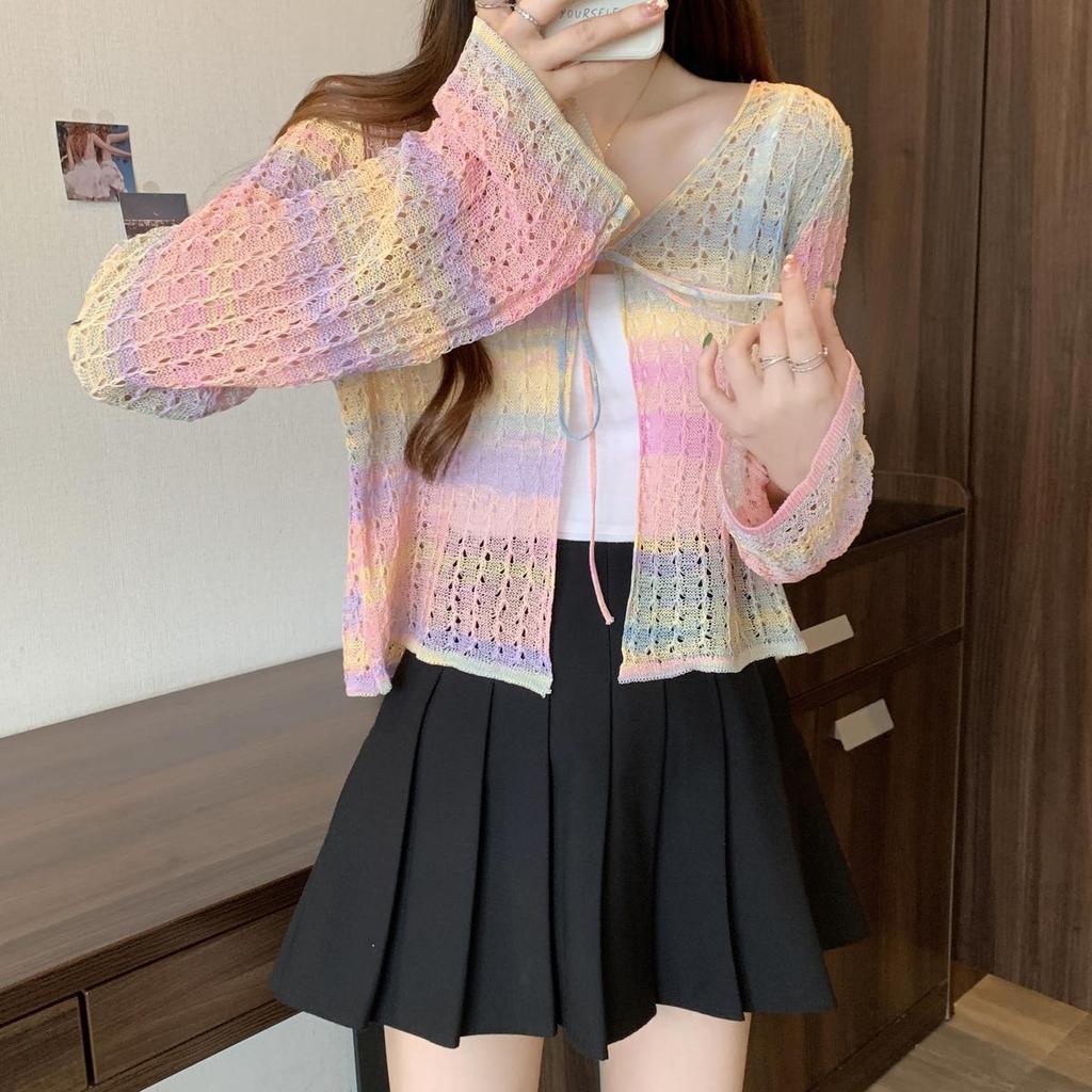 Летняя радуга, ажурный вязаный кардиган из ледяного шелка, пальто, защита от солнца, верхняя одежда, короткий, милый, пикантный, дофаминовый топ