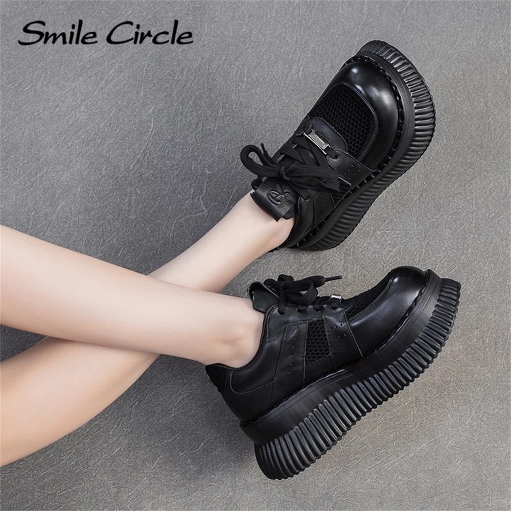 Женская повседневная обувь из натуральной кожи с круглым носком, увеличивающая рост, на толстой подошве, дышащая, удобная, плоская обувь