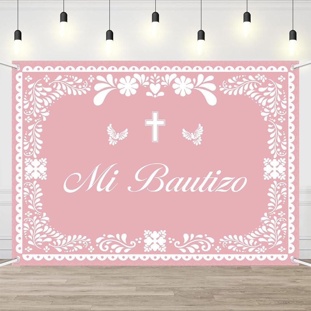 Mi Bautizo Banner Backdrop for Girl Pink Mexican Baptism Party Decorations God Bless First Holy Communion Photography Background Mexican Cielito