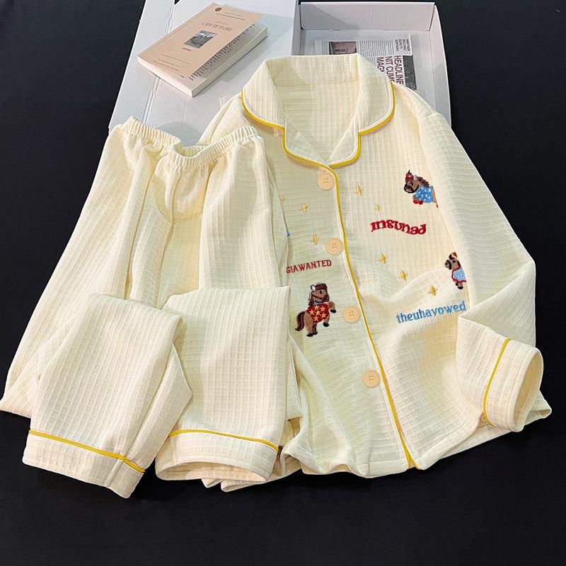 Air cotton pajamas women's autumn and winter interlayer warm long-sleeved suit cartoon embroidered loungewear real shot