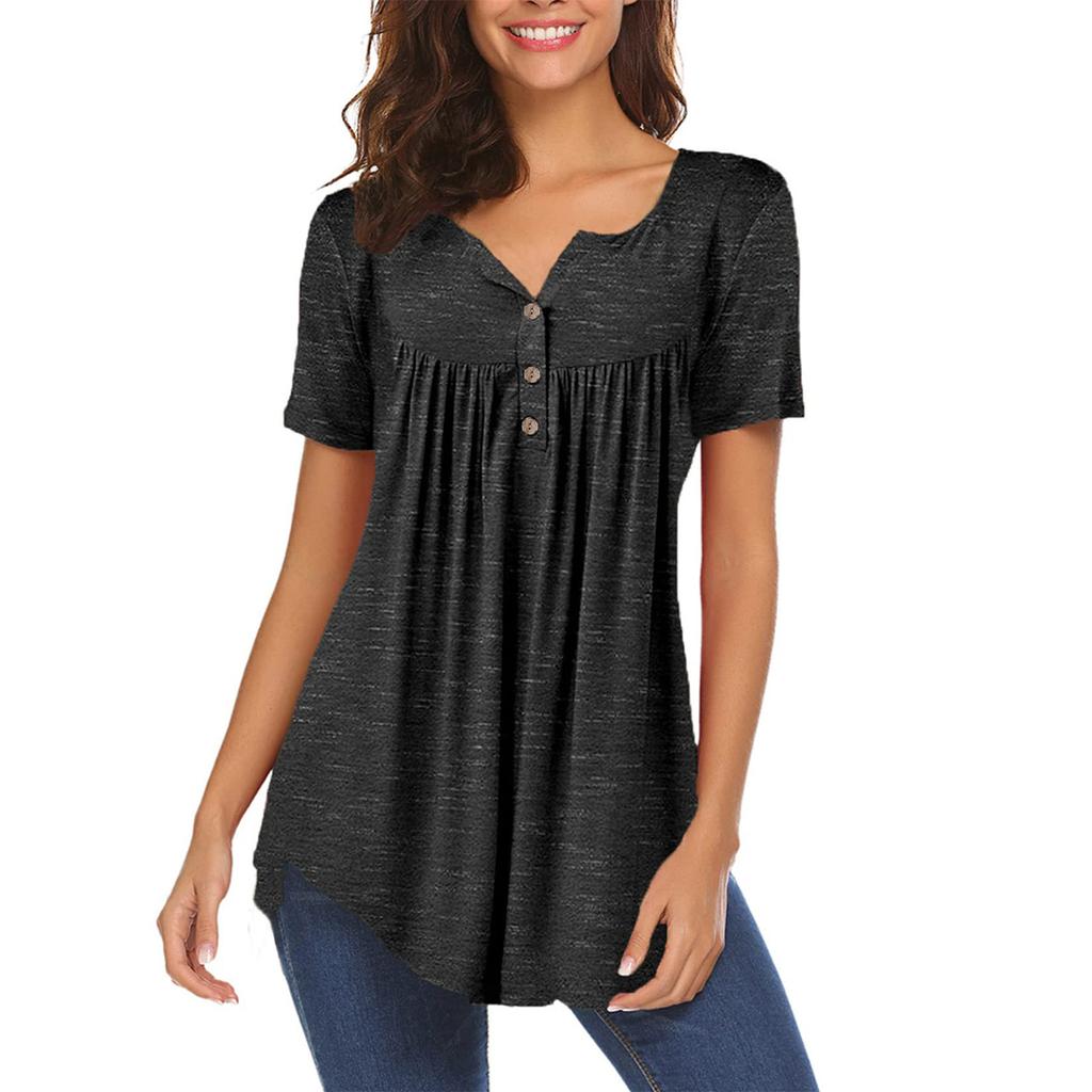Женская туника с коротким рукавом, свободные топы, повседневные топы больших размеров, плиссированная туника на пуговицах, повседневные летние футболки для женщин