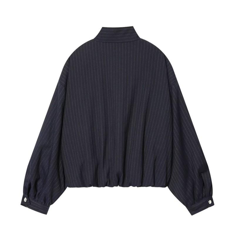 Womens Striped Stand Collar Zip Up Jacket Casual Long Sleeve Baseball Coat