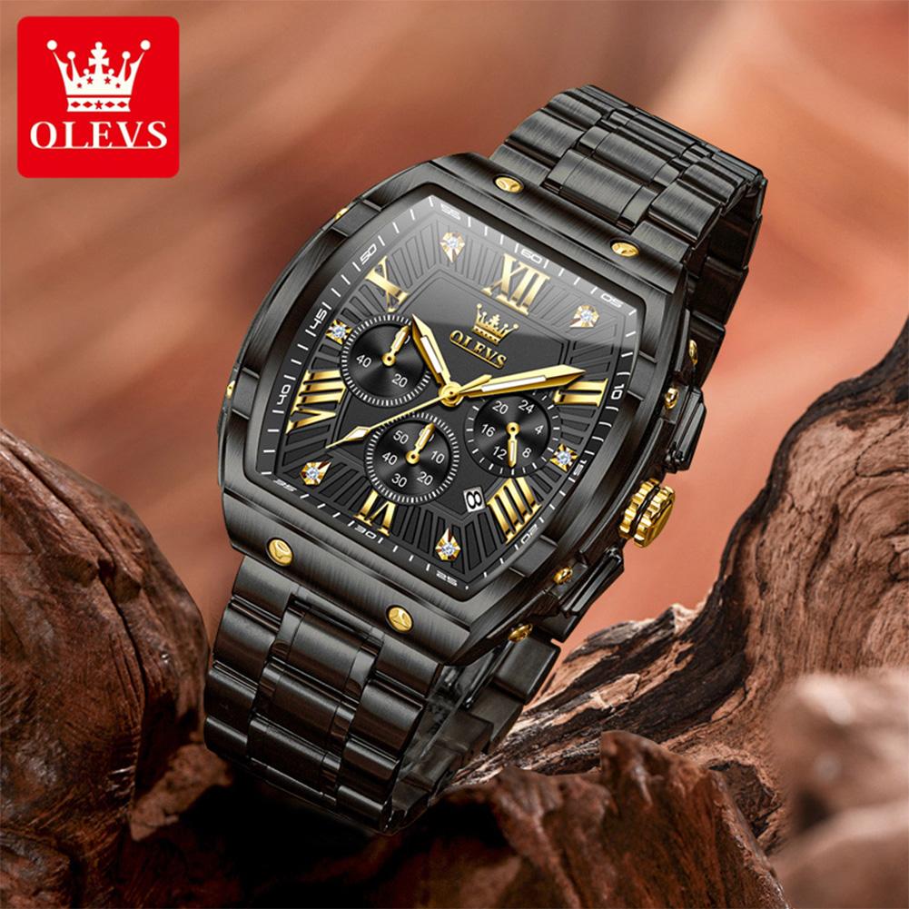 OLEVS Tonneau Watch Men Luminous Waterproof Date Stainless Steel Chronograph Quartz Watches for Men