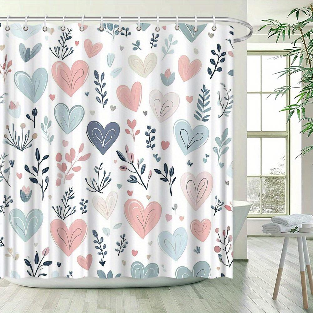 Акварельная шторка для душа с сердечками - Розовые, голубые и бежевые сердечки со стилизованными листьями на белом фоне, прочный полиэстер