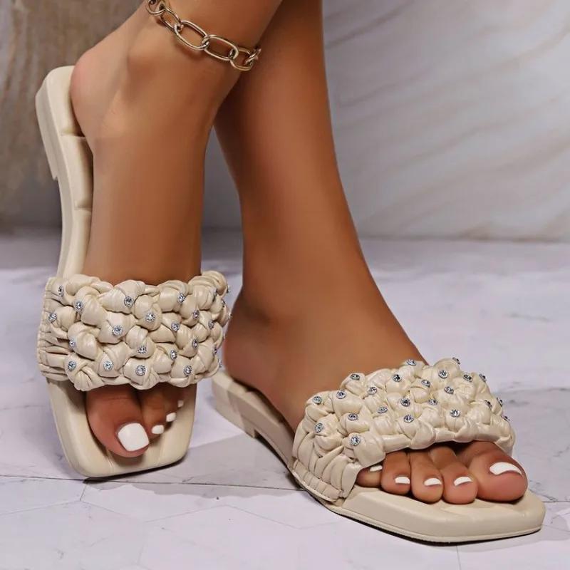 Women Temperament Slippers Plait Design Charm Open-toe Set Foot Vacation Beach Flat Sandals Casual Flip Flops Woman Shoes