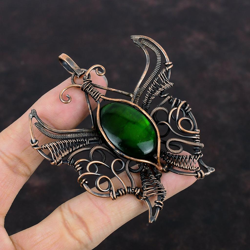 Подвеска из лабрадорита с зеленым огнем, обмотанная медной проволокой, подвеска ручной работы, медные украшения, подвеска с драгоценным камнем, украшения с бабочками, подарок для женщин