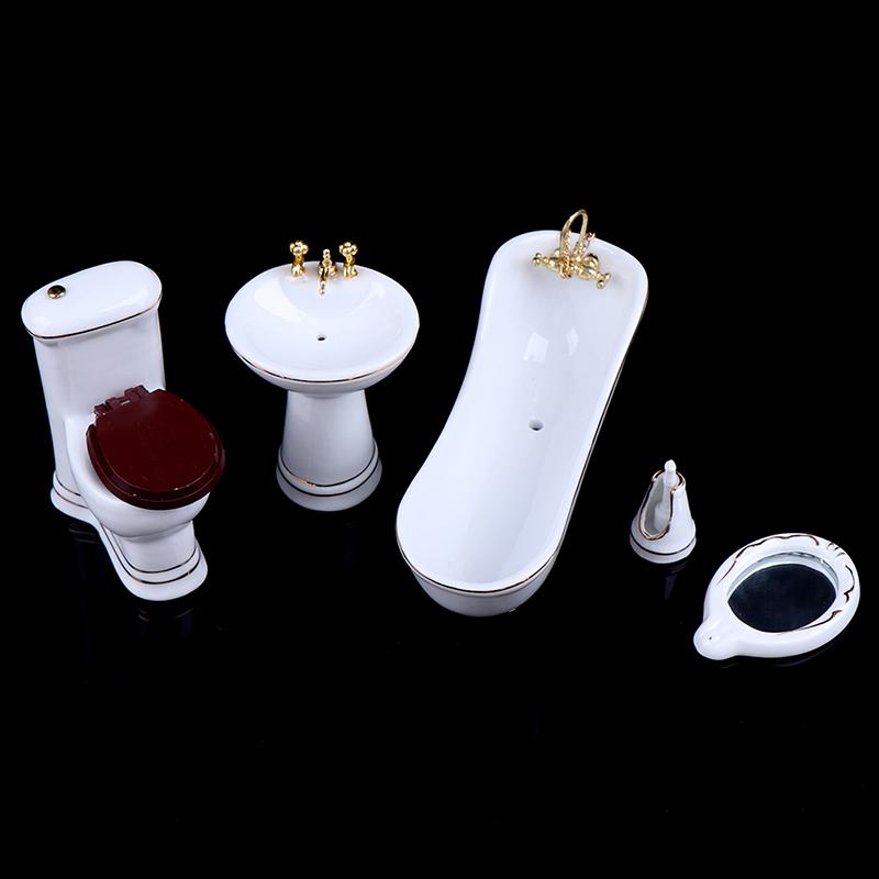 5Pcs 1:12 Dollhouse Miniature Porcelain Bathroom Set Toilet Basin Bathtub Mirror
