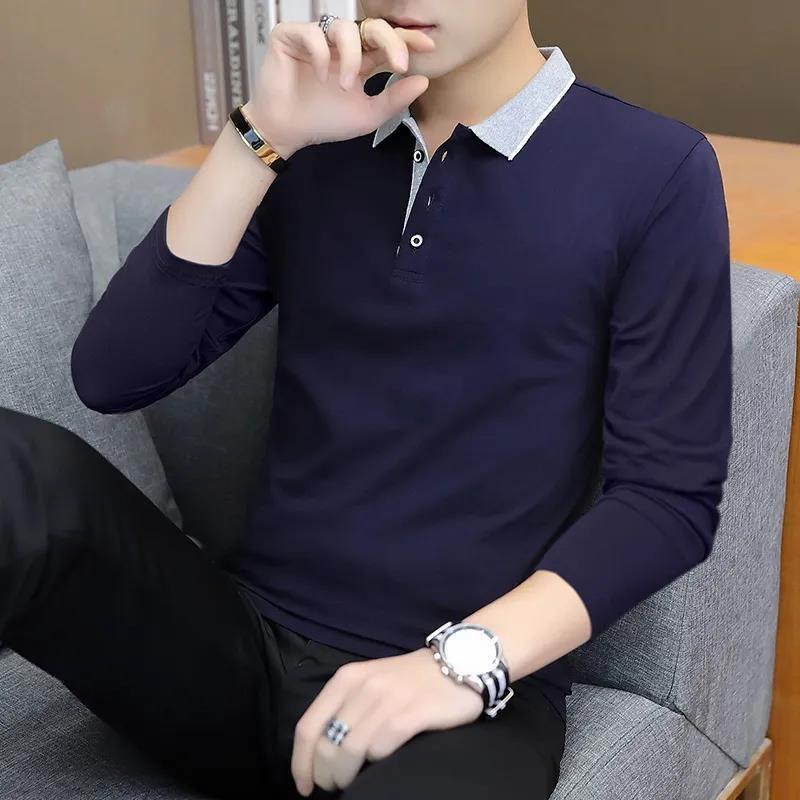 Мужская рубашка-поло осенне-зимняя деловая повседневная рубашка с лацканами для людей среднего и молодого возраста - тренд осени, футболка с длинным рукавом