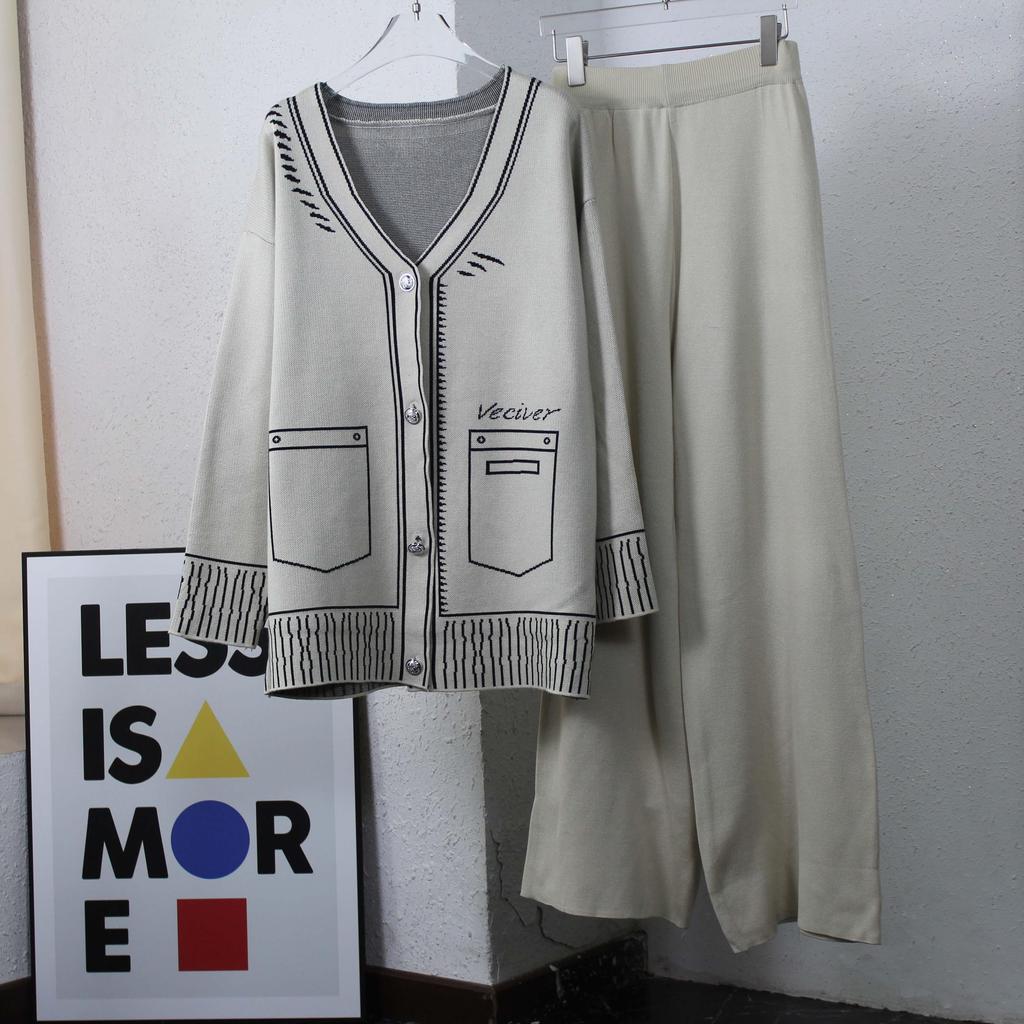 Женский осенне-зимний комплект из двух предметов, трикотажные брюки с принтом, женская уличная одежда, кардиган с длинными рукавами и v-образным вырезом + широкие брюки