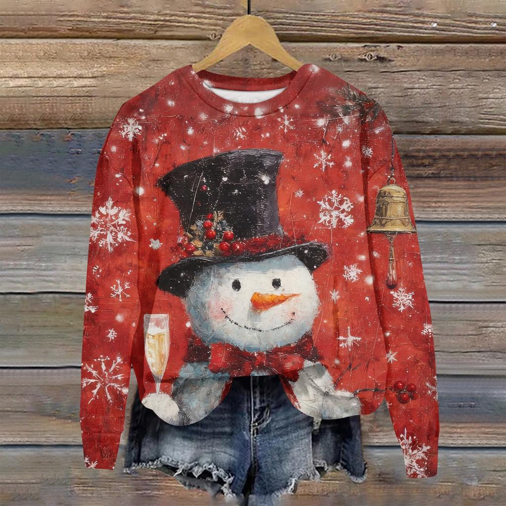 Ladies' Christmas Printed Long Sleeved Round Neck Hoodie Loose Top