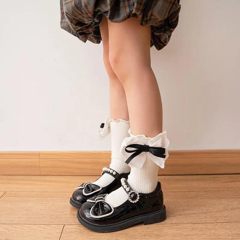 Girl Spring Autumn New Lace Bow Socks Korean Academy Style Student Children Mid Length Socken Baby Princess Kid Cotton Stockings