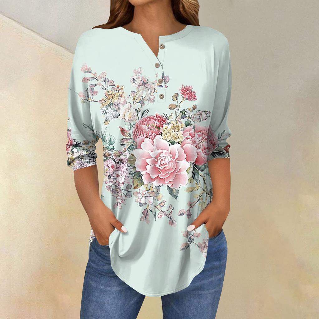 Женская свободная футболка с воротником на пуговицах и винтажным цветочным принтом, рукав три четверти