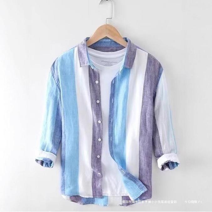 Premium cotton and linen shirt men's skin-friendly and breathable loose seven-point short-sleeved South East Asia style linen shirt striped shirt