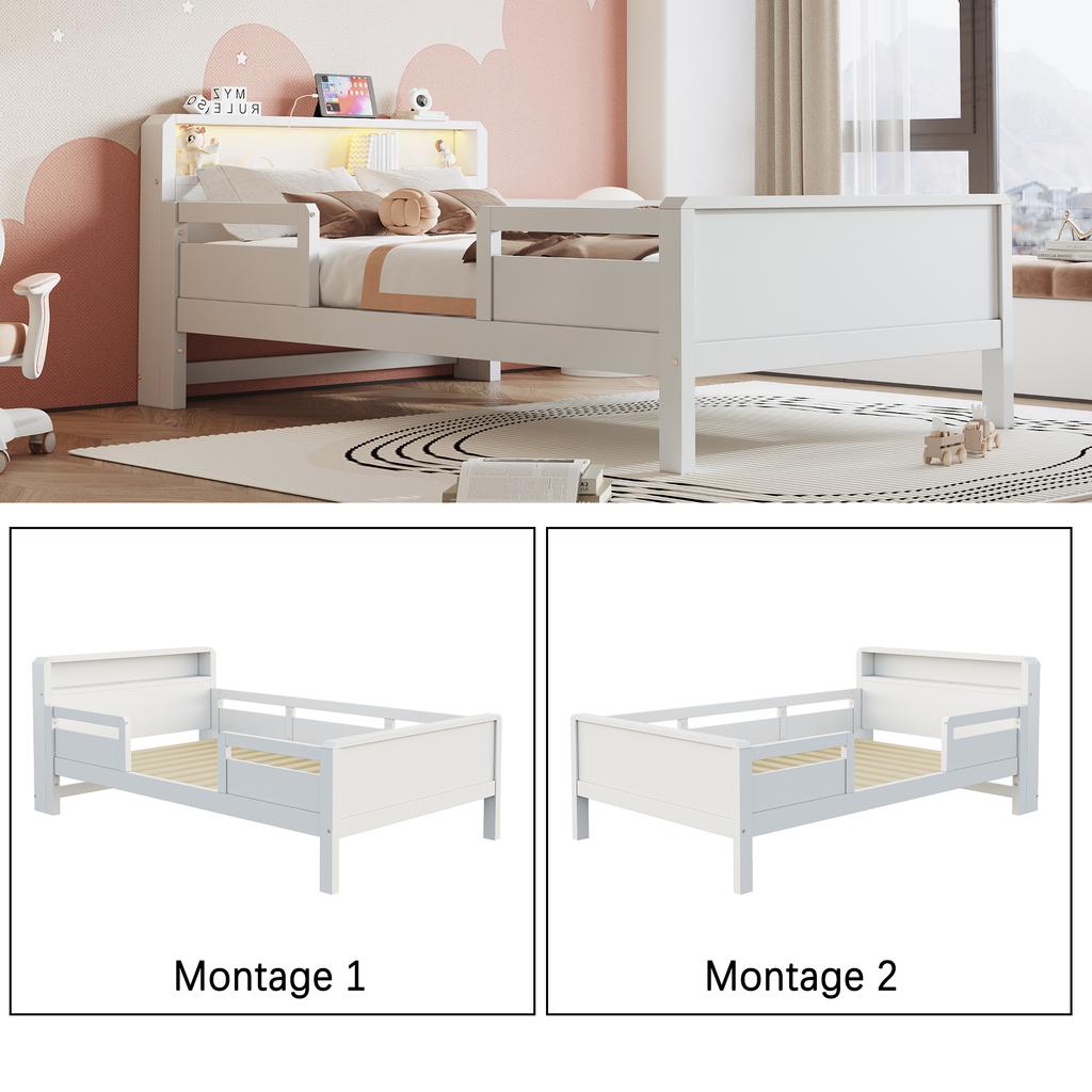 Wooden Bed 90 x 200 cm, USB and Type-C Combo Socket, Small LED Light, Headboard with Storage Function, Children's Bed, Single Bed, Pine Wood, White