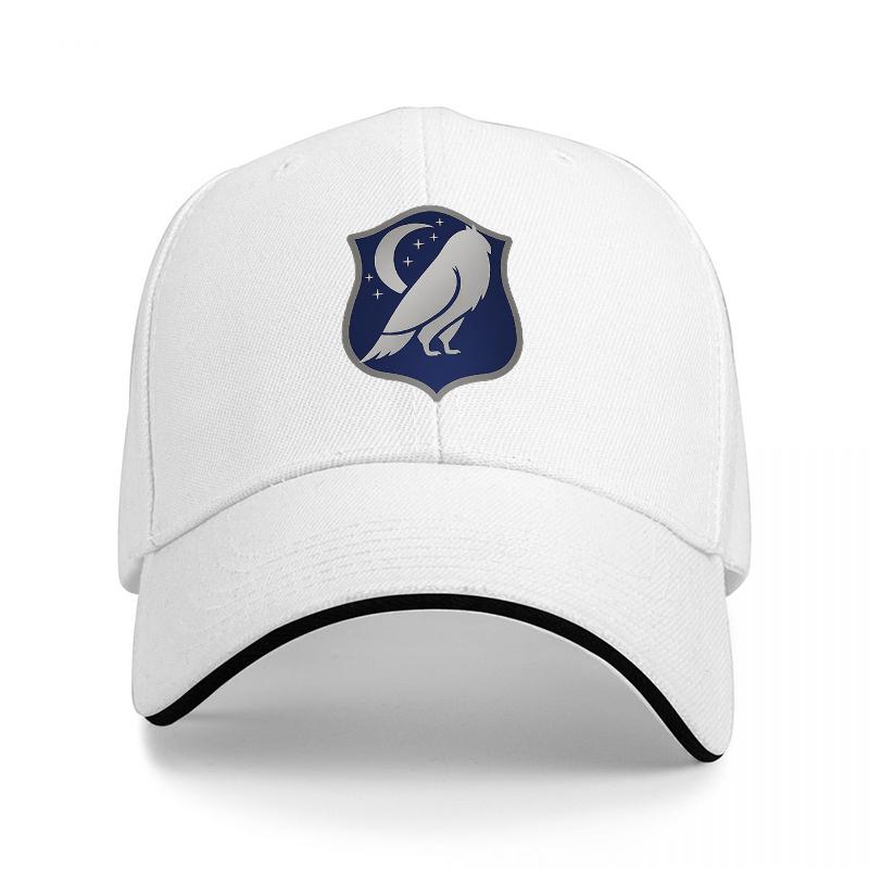 Night Owl Shield Logo Baseball Cap Black with White Trim and Blue Crest Design for Unisex and Women Casual Streetwear Hat