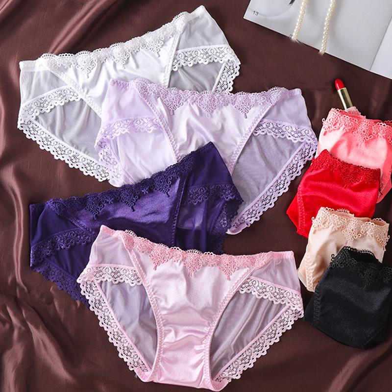 8Colors Breathable Seamless Underwear Fashion Lace Silk Cotton Women Sexy Lace Briefs Female