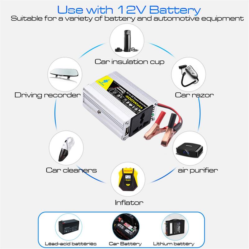 Инвертор 400 В с чистой синусоидой, Автомобильный преобразователь 12 В постоянного тока в 220 В переменного тока, Солнечный инвертор с 2 зажимами для аккумулятора, для грузовика, кемпинга