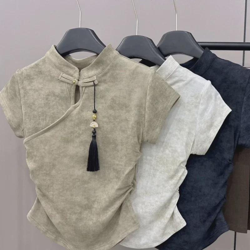Женская летняя китайская футболка с коротким рукавом на пуговицах Qianyu