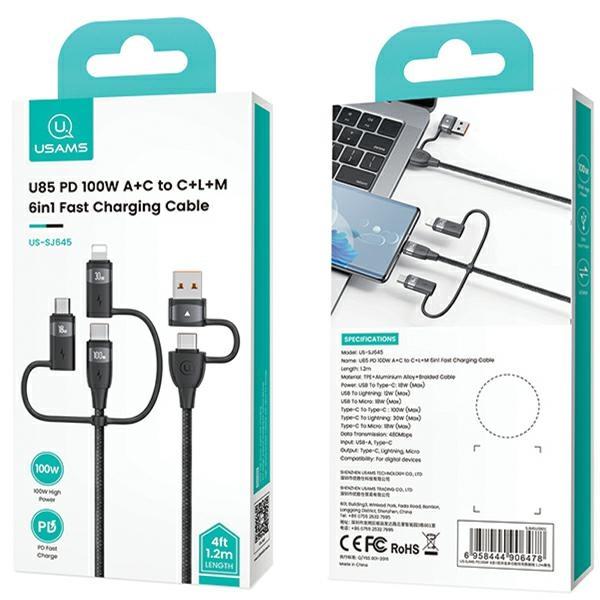 Kabel 6w1 USB-C/USB/Micro-USB/Lightning USAMS 1,2m 100W Power Delivery Fioletowy