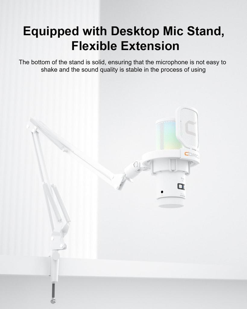 COMICA Uni Condenser Microphone with Arm RGB White Stand, Unidirectional, 48kHz/24bit, Light, USB, PC, PS5, Smartphone, Streaming,