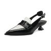 Cow Leather Pointed Toe Slingback Thick Med Heels Autumn Summer Buckle Straps Shoes Mixed Color Women Shallow Sandals