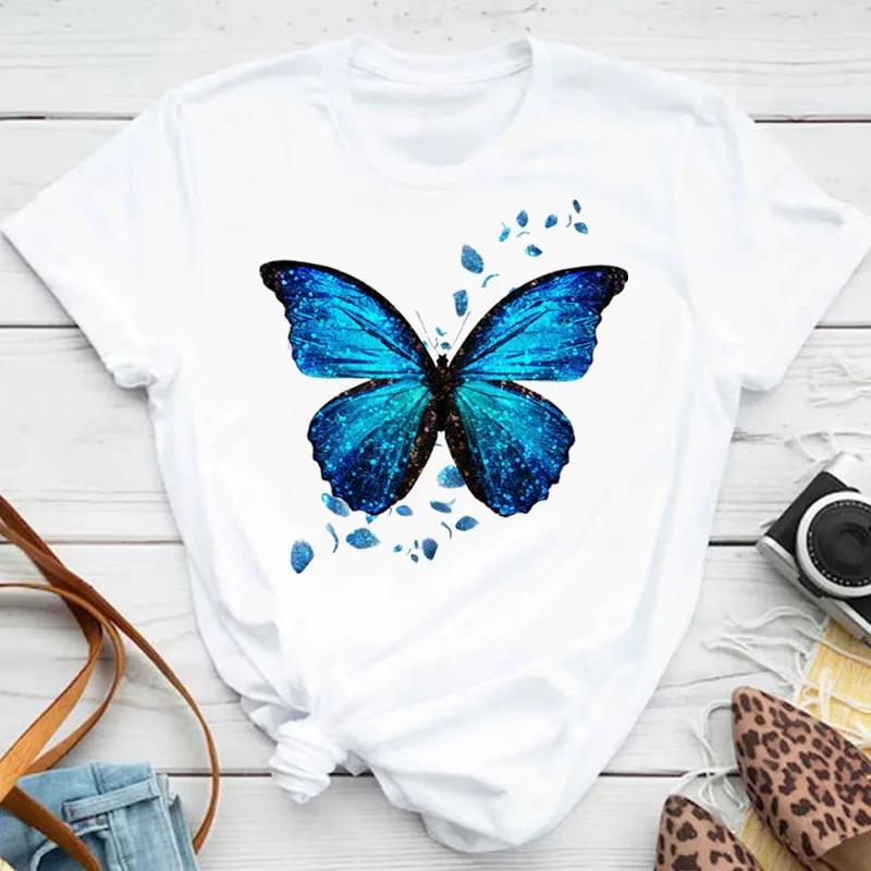 Women's Colorful Butterfly Petal Print T-shirt Short-sleeved Round Neck Cute Graphic Top