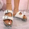 2025 new foreign trade thick-soled hemp rope double-buckle rhinestone cork beach slippers large size women's shoes sparkling