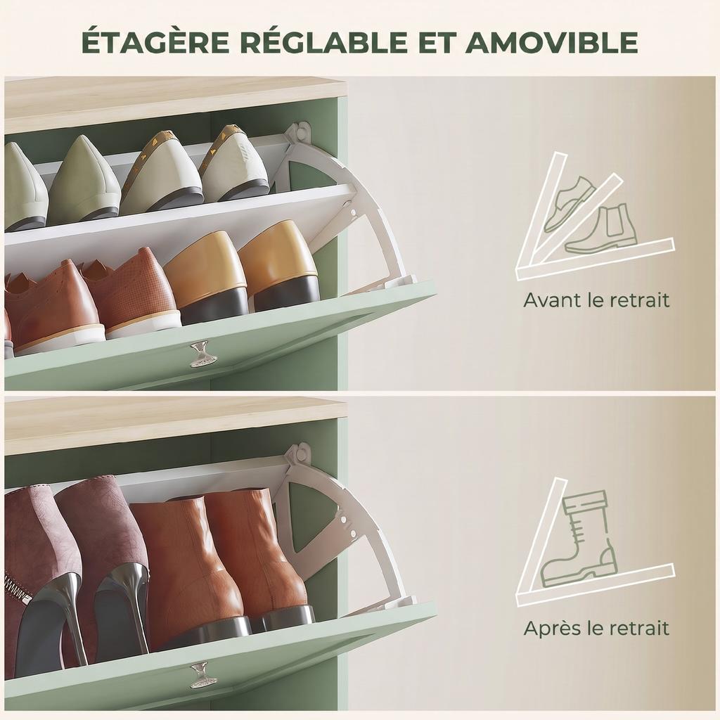 Shoe Cabinet, 3 Drop-Down Doors, 18 Pairs, 60x23.5x115cm, Green