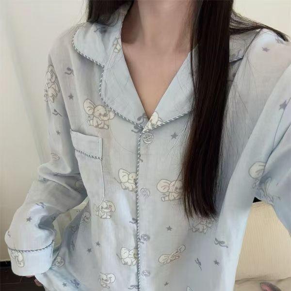 Super cute cartoon blue baby elephant pajamas women's spring and autumn long-sleeved trousers sweet suit student dormitory loungewear