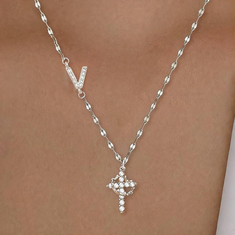 Cross Shape Letter Necklace Women Gold Plated Copper Pendant Versatile Fashion Jewelry